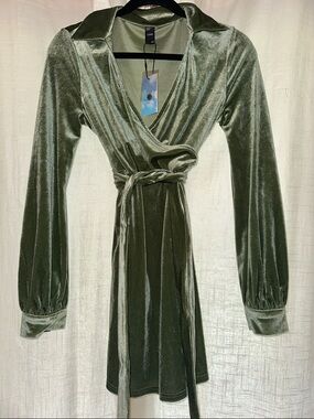 Cider Olive Green Velvet Wrap Dress with Tie Waist